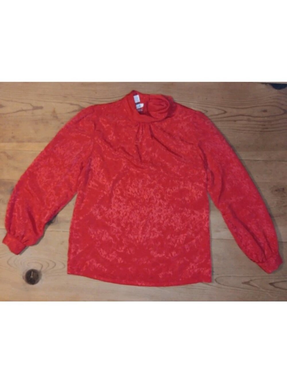 Vtg Jonquil Judy Bond Womens 10 Secretary Blouse Red Jacquard Floral Long Sleeve